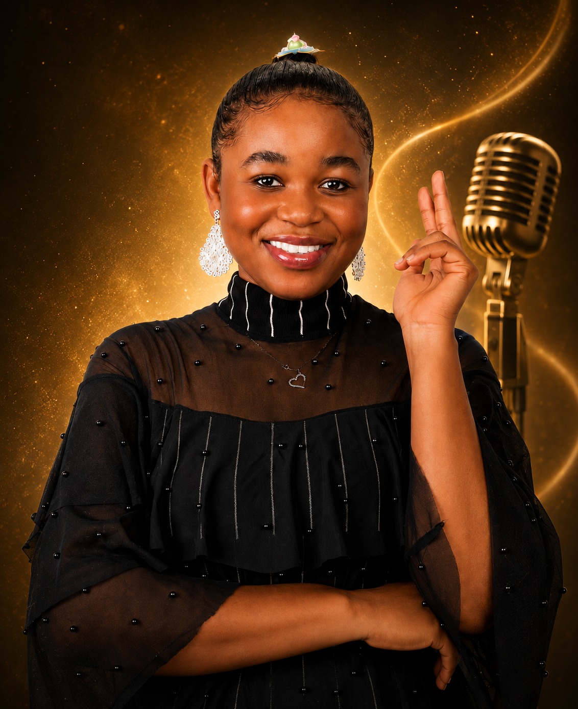 Ohemaa Effe smiling, wearing a black beaded blouse